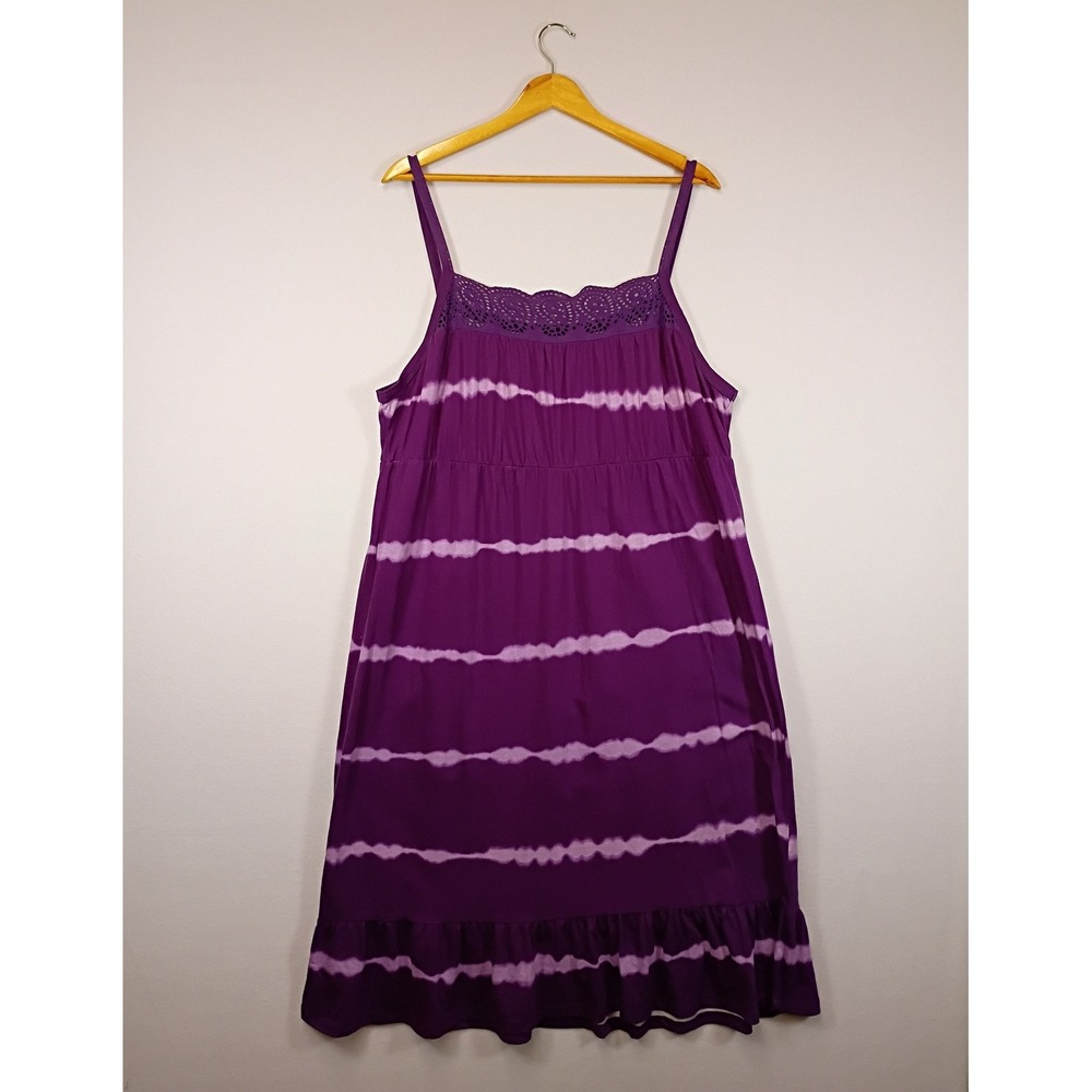 Boho Faded Glory Women L 12-14 Purple Tie Dye Eyelet Lace Ruffle Cotton Sundress